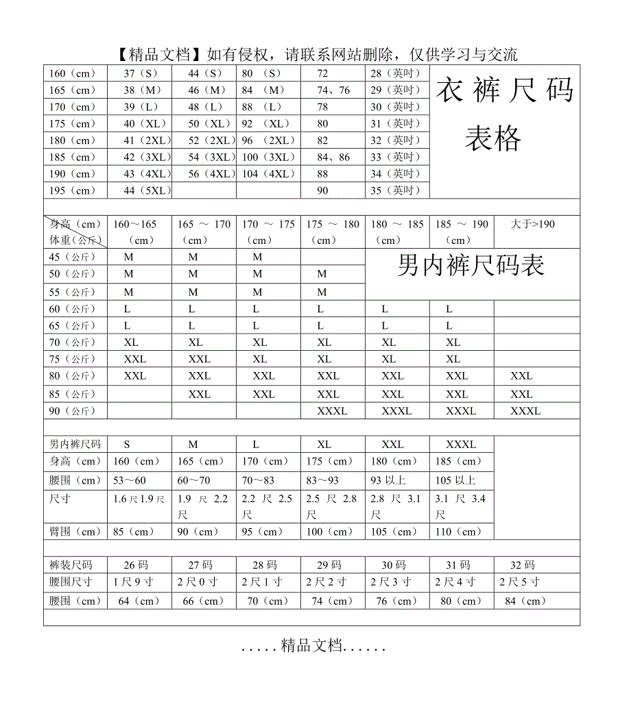 最全衣服尺码表格_第4页