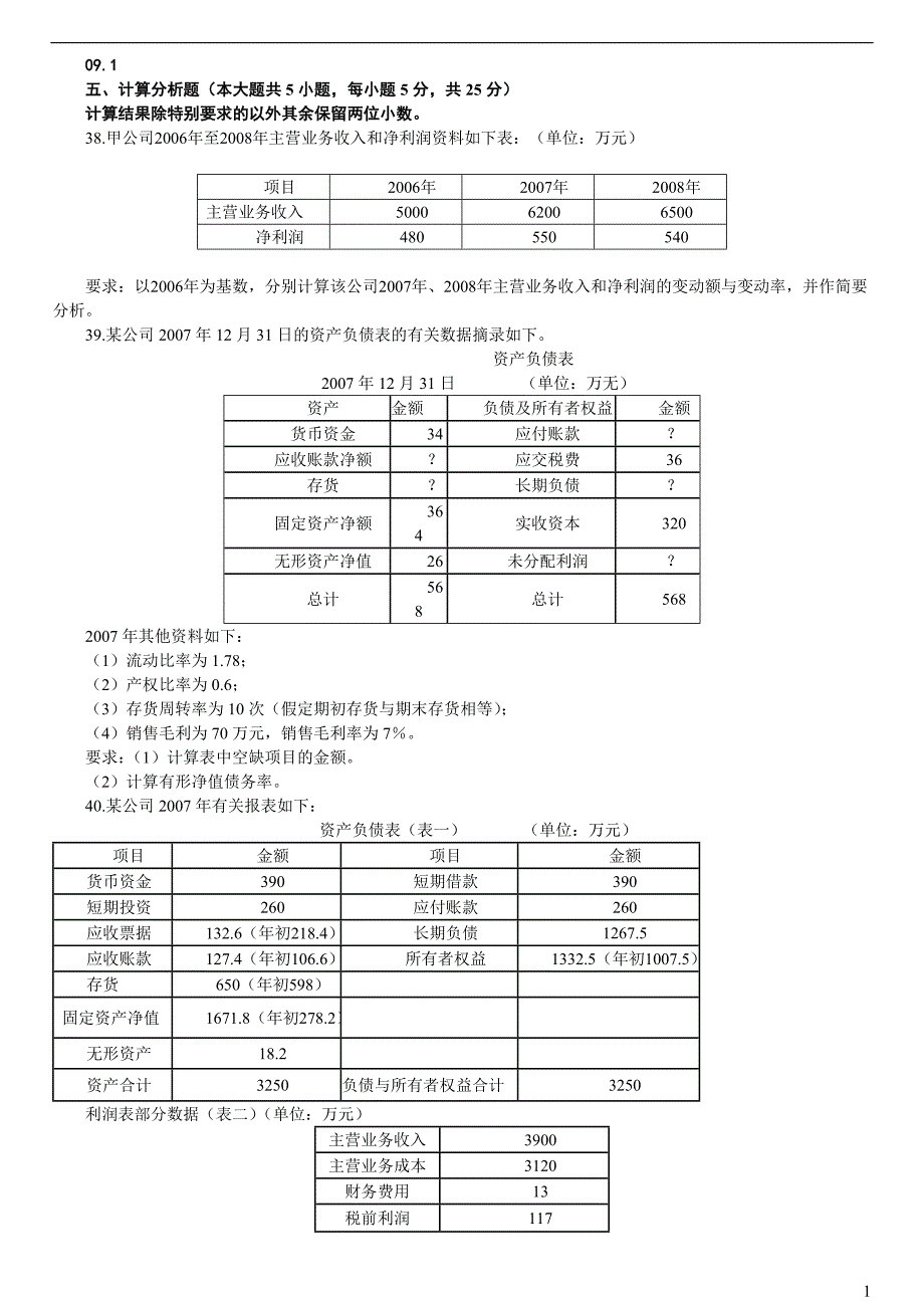 财务报表分析09.112.1计算及综合试题及答案_第1页
