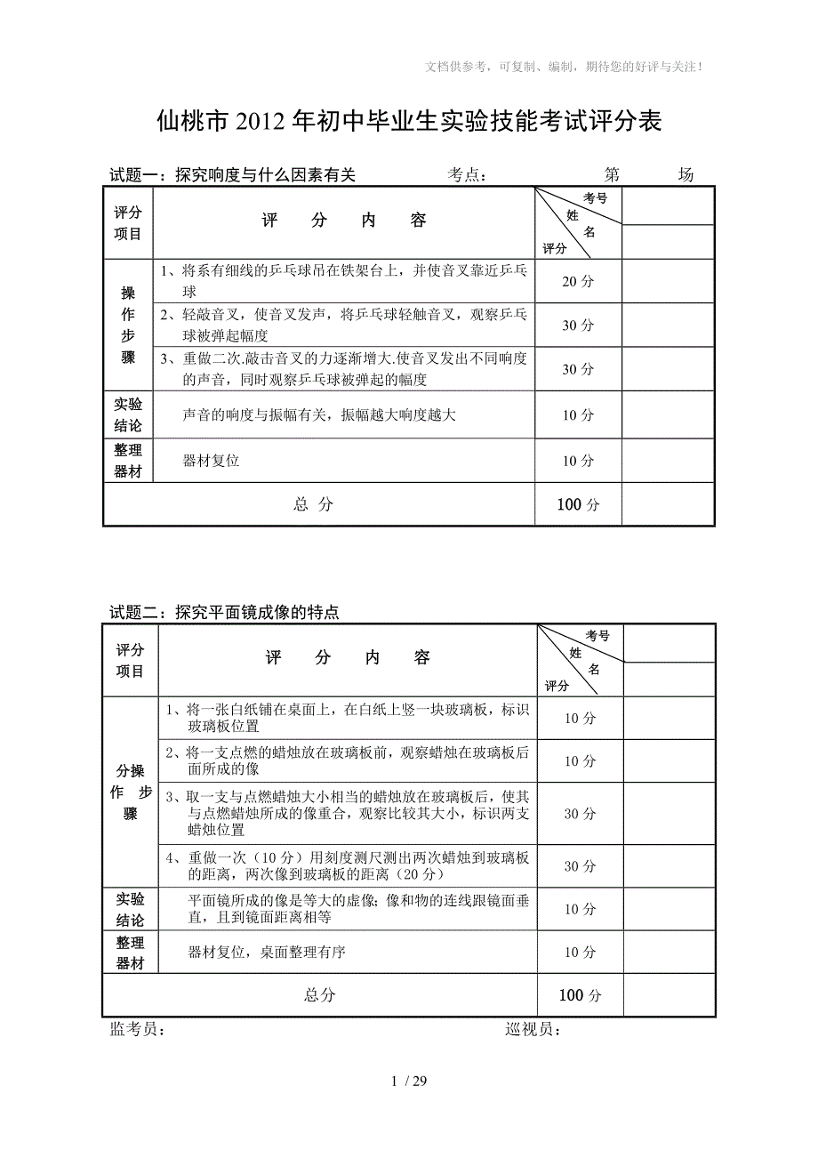 2012年仙桃市初中生实验技能考试评分表_第1页