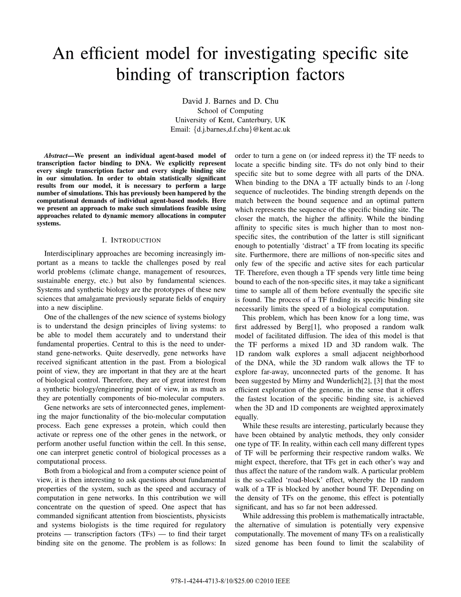 外文翻译--An efﬁcient model for investigating speciﬁc site binding of transcription factors_第1页