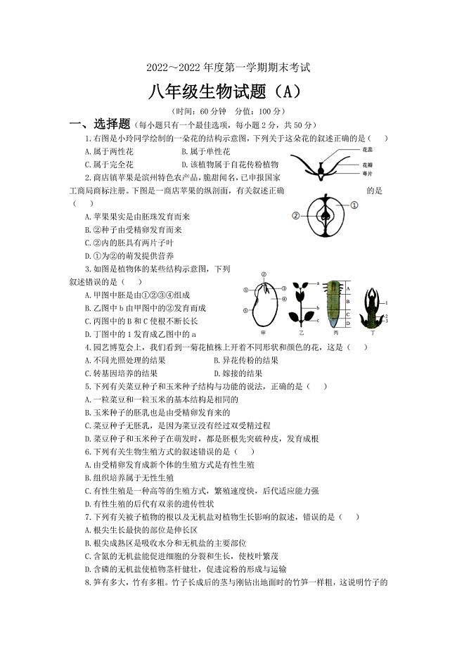 2022年山东省滨州市滨城区八年级上学期期末生物试卷（含答案）