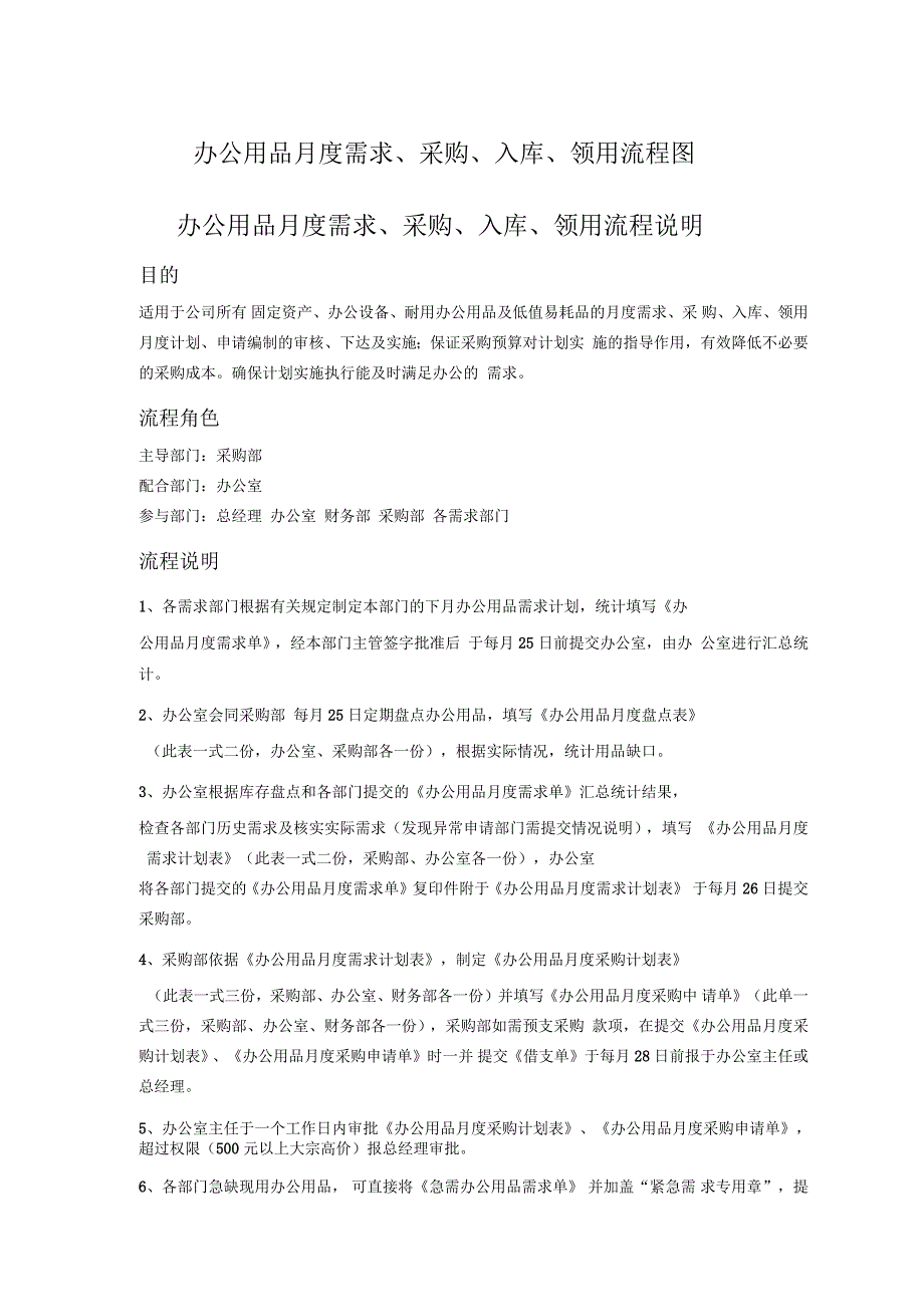 办公用品度需求采购入库、领用流程图、说明及附表_第1页