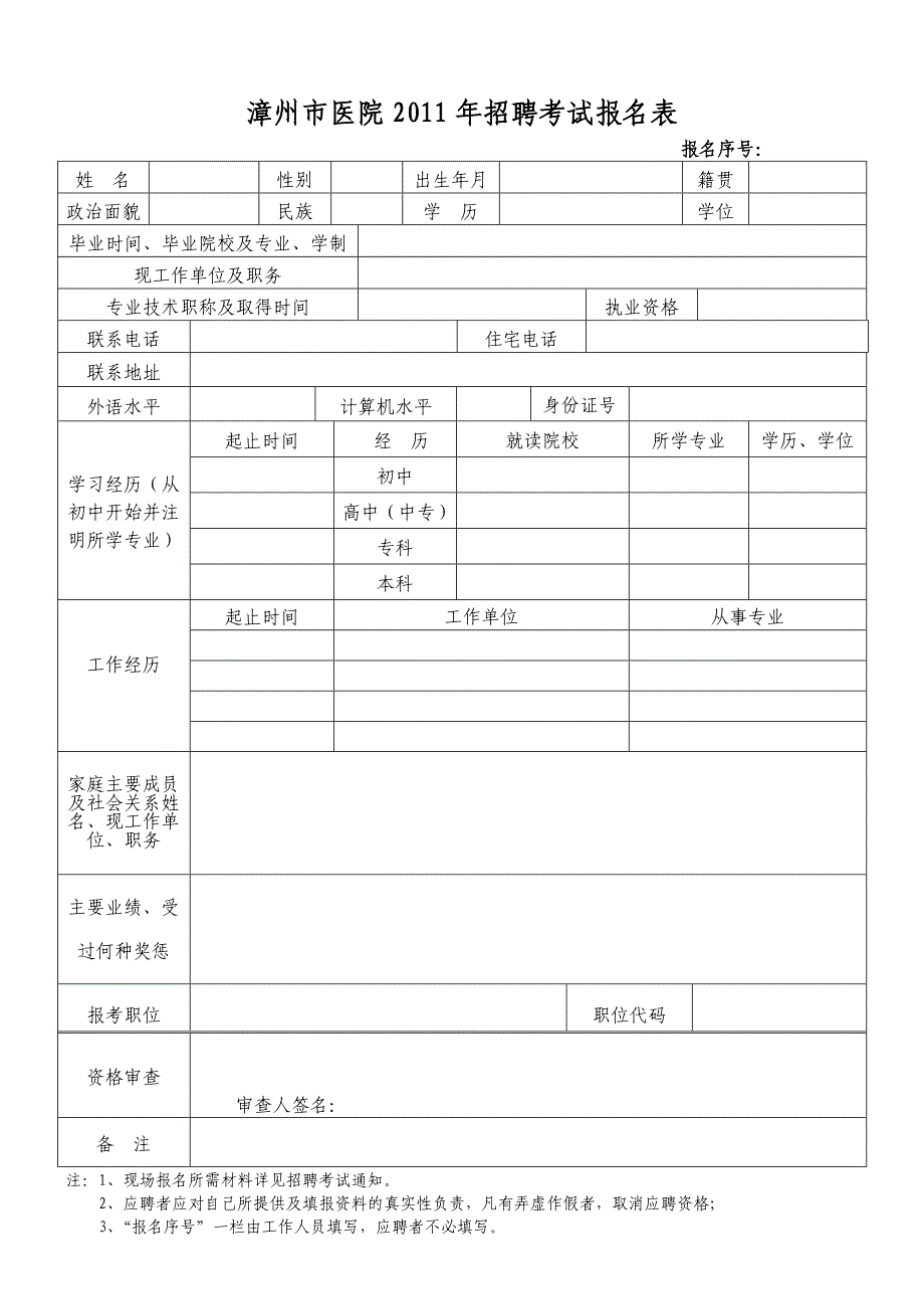 漳州市医院招聘考试报名表_第1页