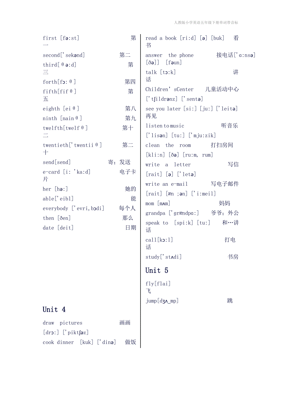 人教版小学英语五年级下册单词带音标_第3页