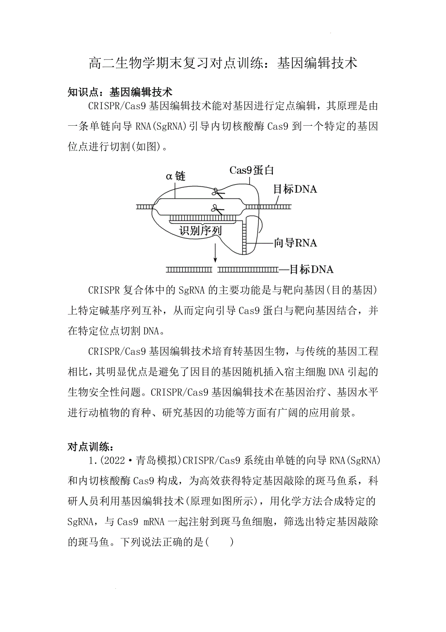 备课素材：高二生物学期末复习对点训练：基因编辑技术 高二下学期生物人教版选择性必修3.docx_第1页