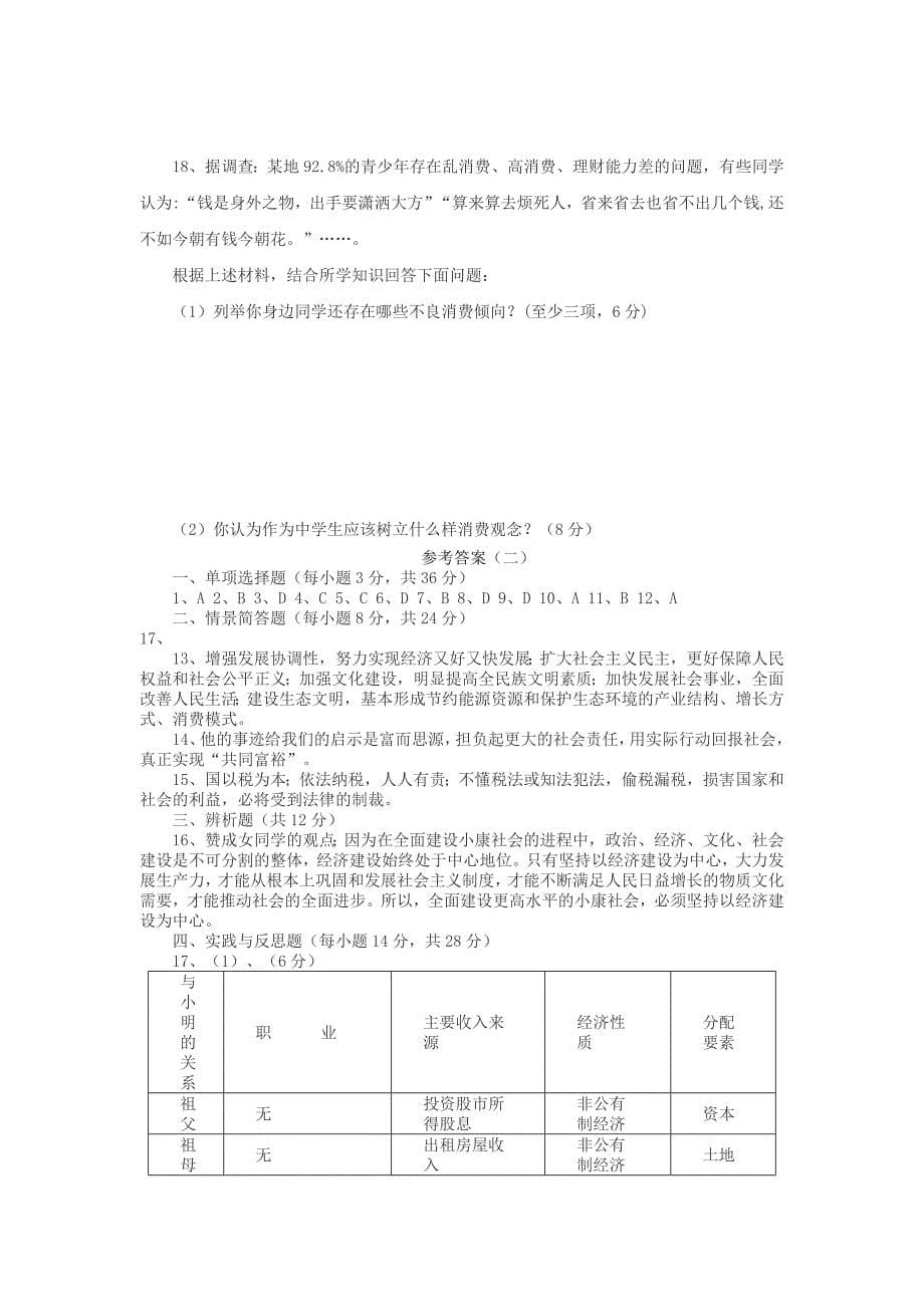 中考政治强化复习训练 九年级第二单元财富论坛 教科版_第5页