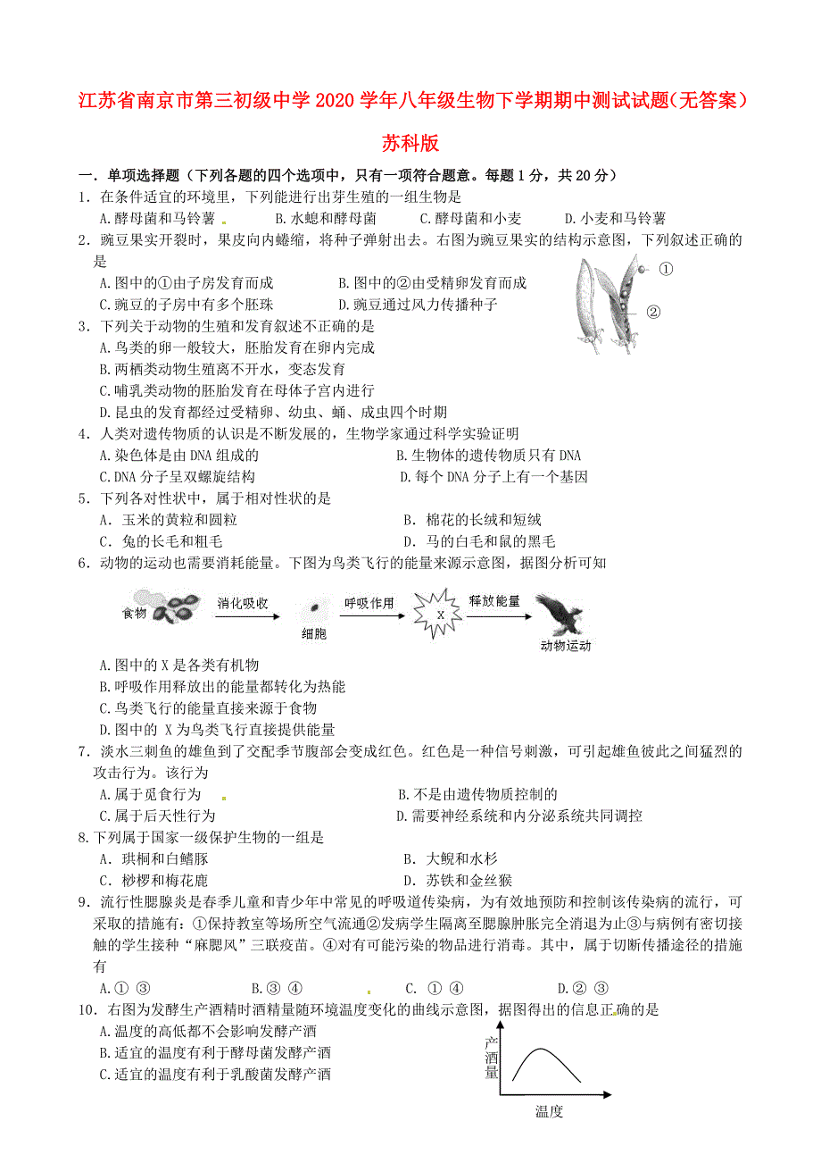 江苏省南京市第三初级中学八年级生物下学期期中测试试题无答案苏科版_第1页