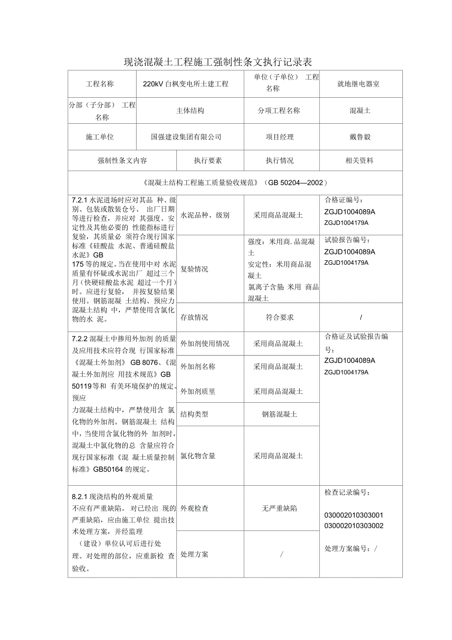 现浇混凝土工程施工强制性条文执行记录表(主体)_第1页