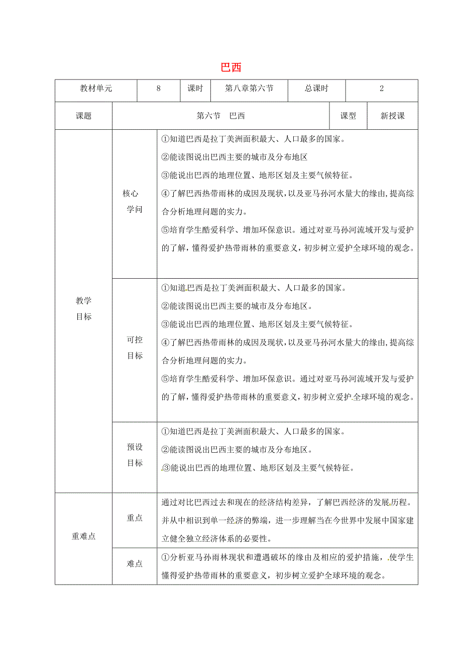 湘教版七下地理第八章第六节《巴西》教学设计_第1页