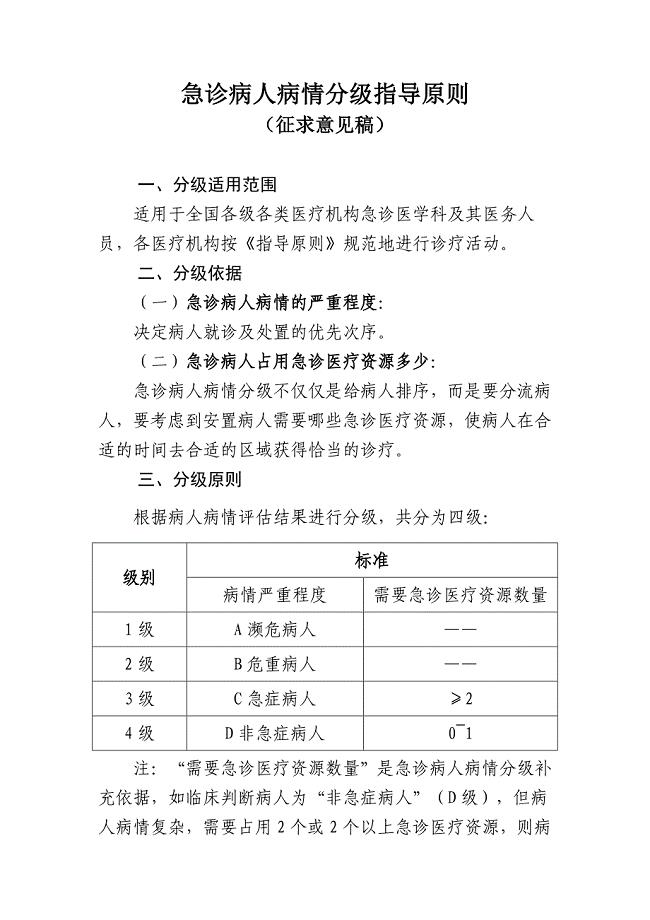 急诊病人病情分级指导原则