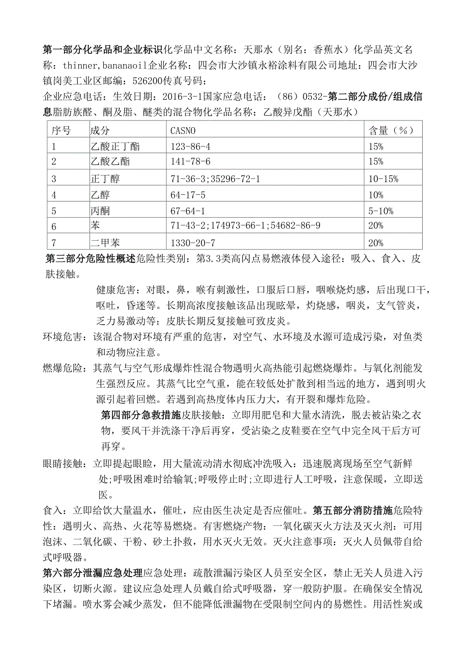 MSDS天那水安全技术说明书_第1页