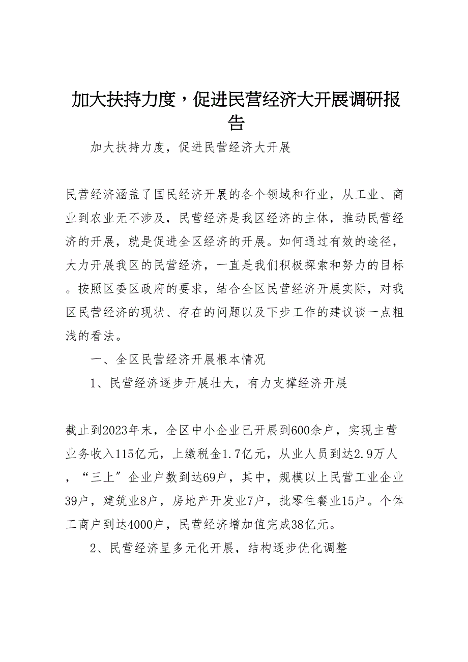 2023年加大扶持力度促进民营经济大发展调研报告 .doc_第1页