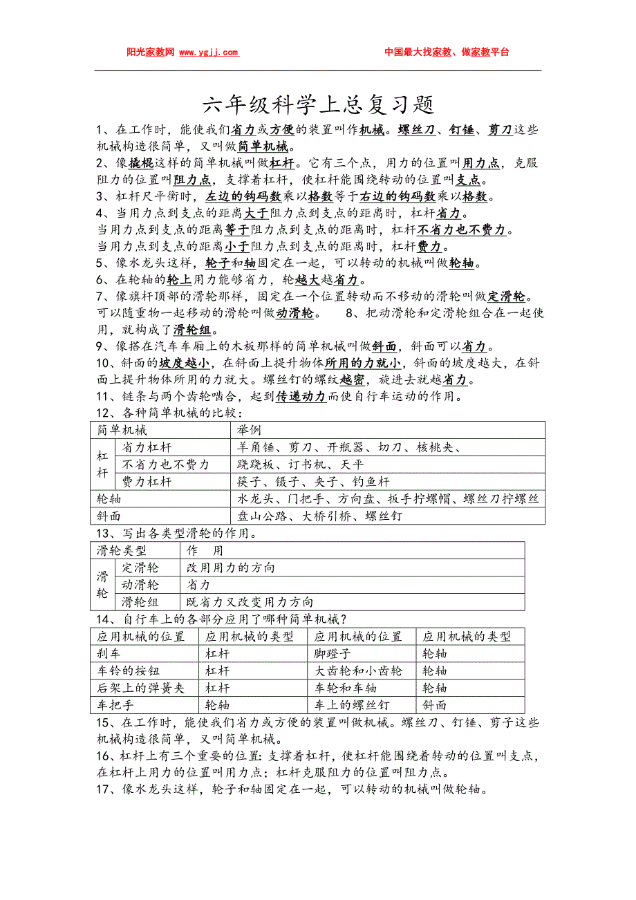 六年级科学上总复习题.doc_第1页