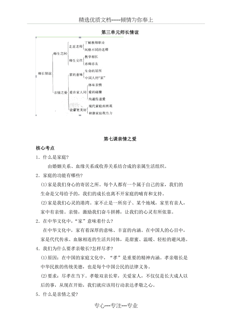 人教版七年级道德与法治：第七课亲情之爱-考点汇总_第1页