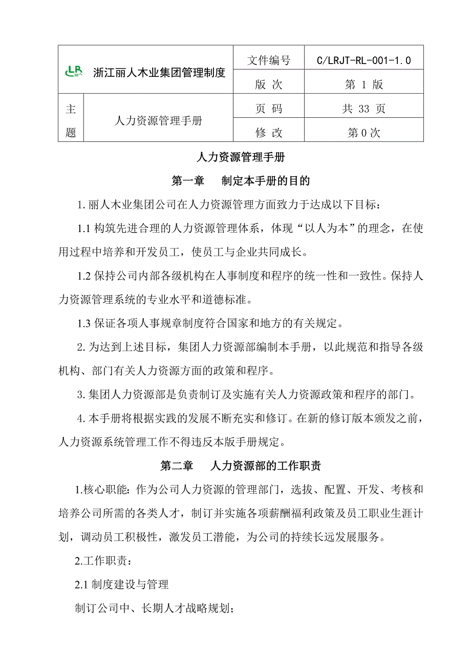 浙江丽人木业集团人力资源管理手册_第1页