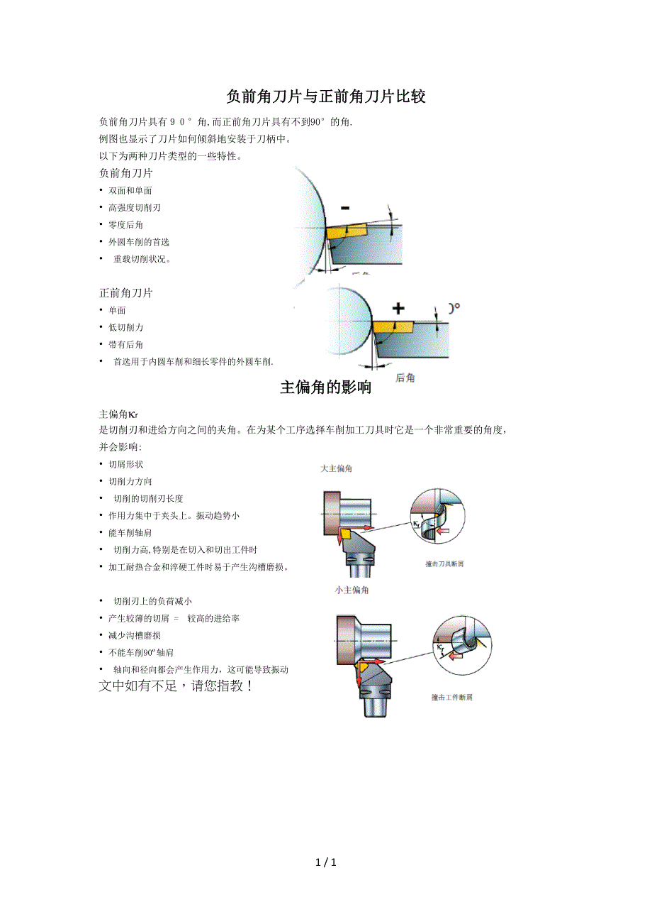 刀片正负前角比较及主偏角的影响_第1页