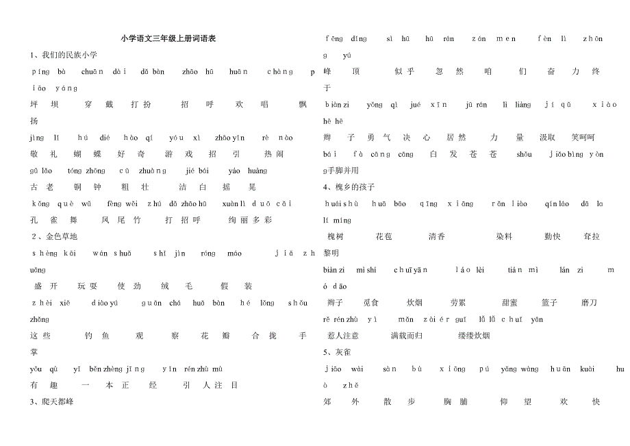 人教版小学语文三年级上册词语表_第1页