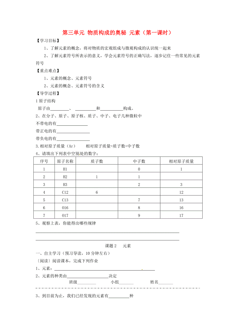 四川省富顺县第三中学九年级化学上册第三单元物质构成的奥秘元素第一课时导学案无答案新人教版_第1页