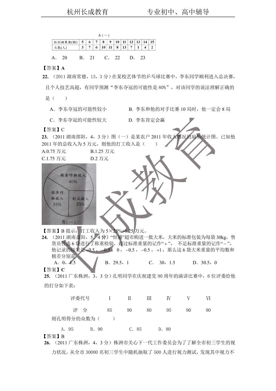 2011年全国各地中考数学真题分类汇编第15章___数据的_第5页