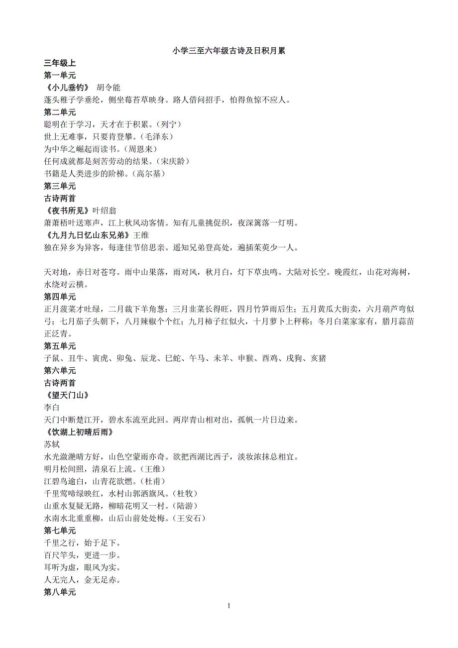 小学三至六年级古诗及日积月累_第1页