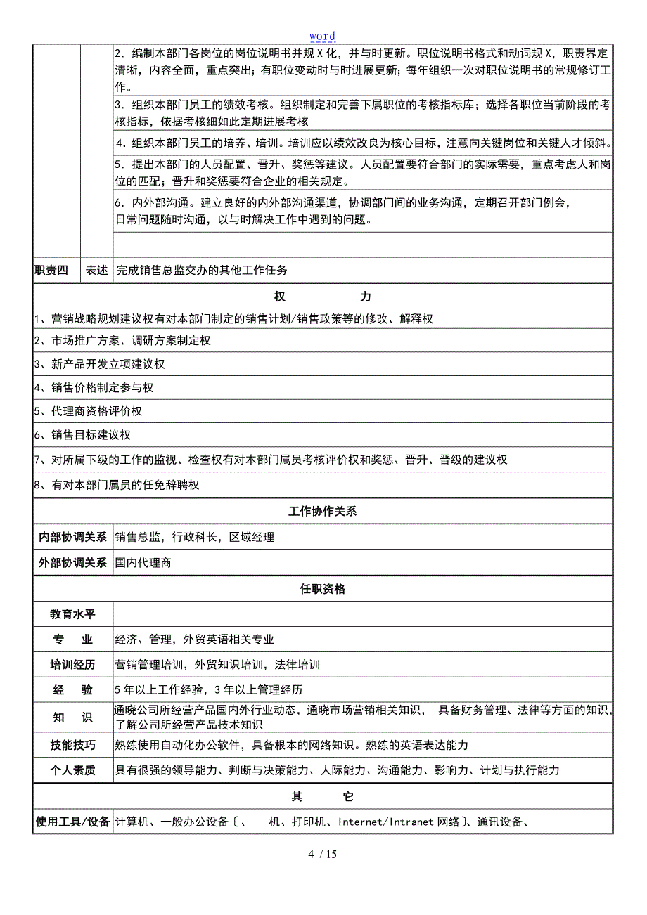 销售的部各岗位职责说明书_第4页