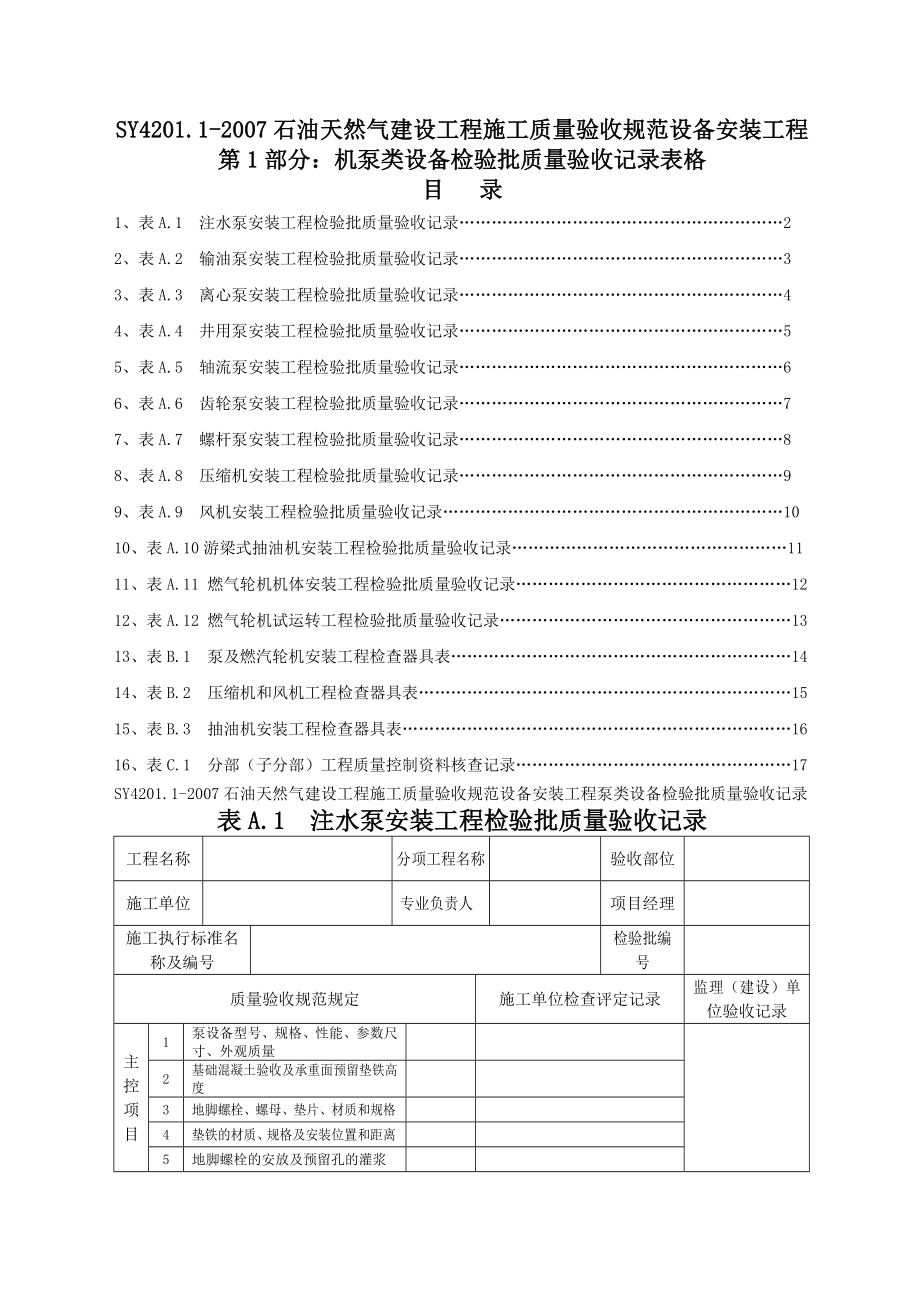 SY.-石油天然气建设工程施工质量验收规范设备安装工程第部分：机泵类设备检验批质量验收记录表格【精选】_第1页