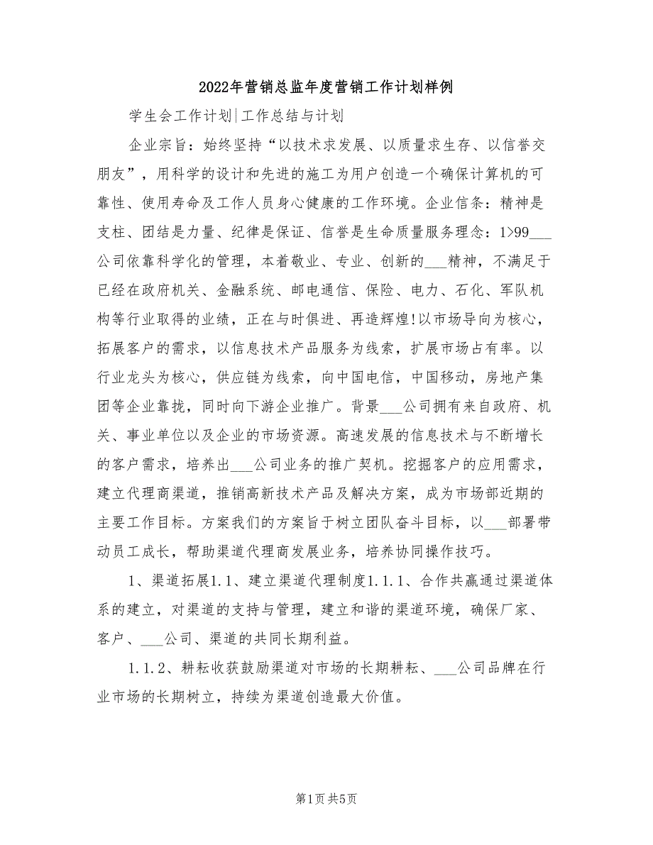 2022年营销总监年度营销工作计划样例_第1页