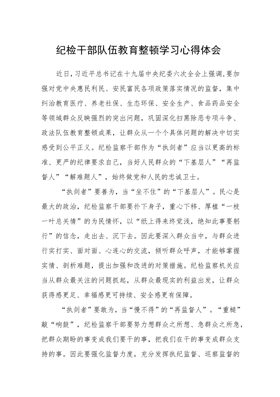 纪检干部队伍教育整顿学习心得体会_第1页