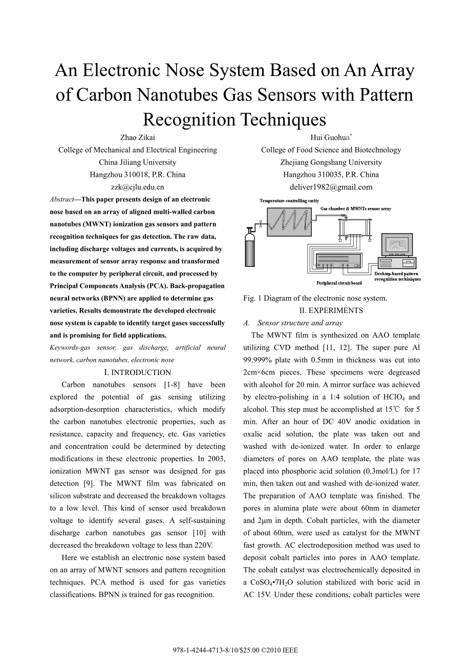 外文翻译-- An Electronic Nose System Based on An Array of Carbon Nanotubes Gas Sensors with Pattern Recognition Techniques_第1页