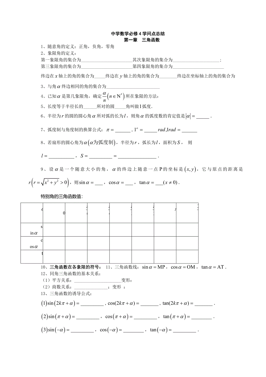 高中数学必修4知识点总结及练习_第1页