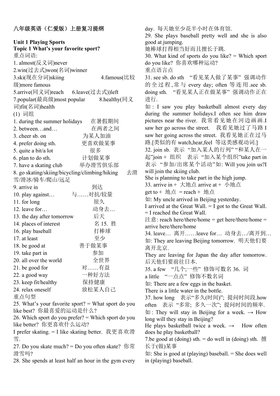 八年级上册仁爱版英语复习题纲_第1页