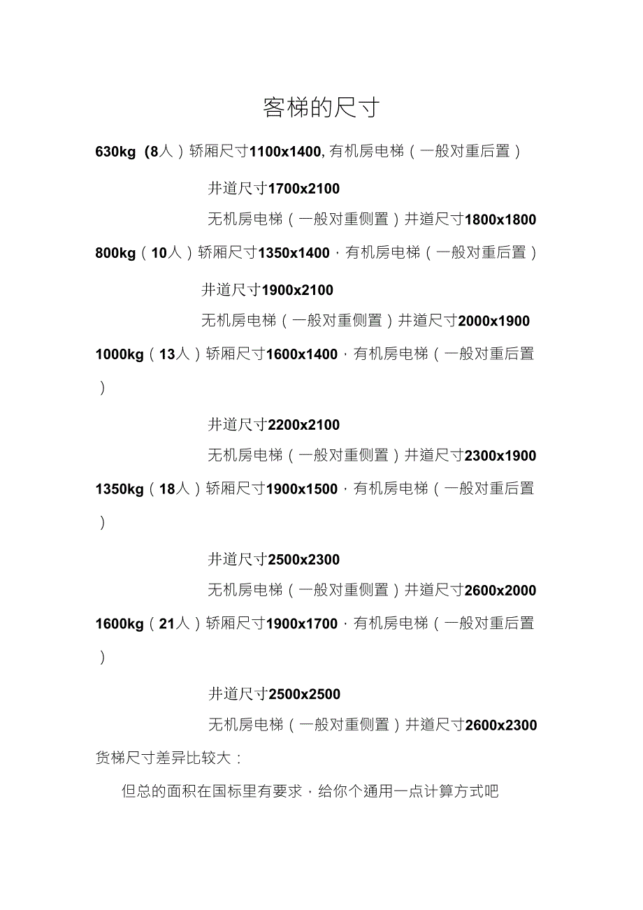 一般电梯尺寸_第1页