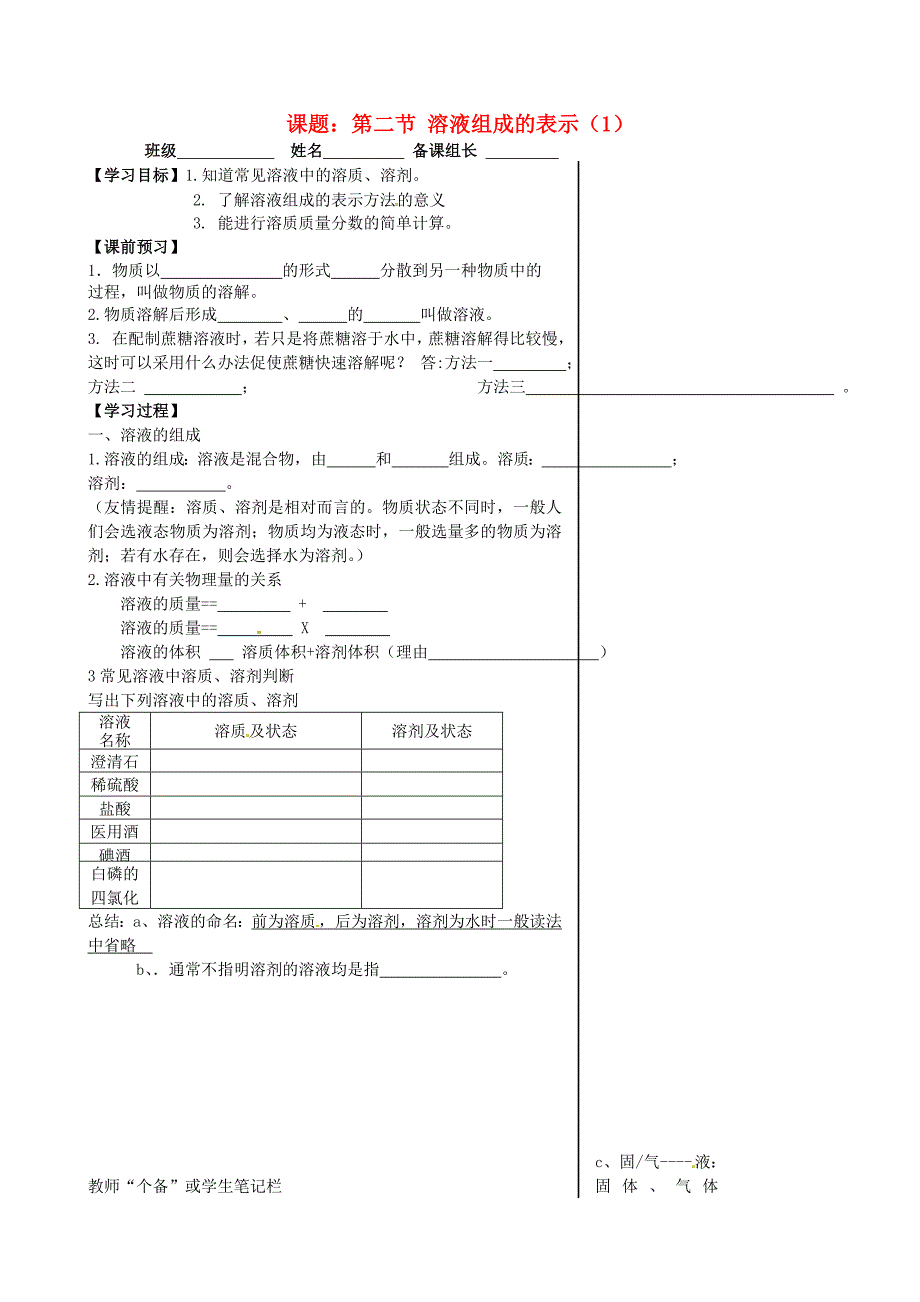 【最新】九年级化学全册 6.2 溶液组成的表示第1课时导学案沪教版_第1页