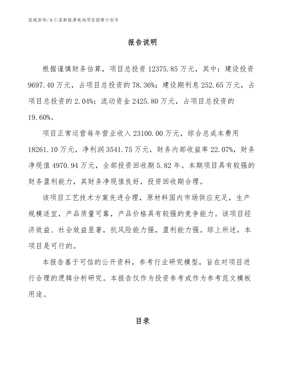 永仁县新能源电池项目招商计划书（模板范文）_第1页