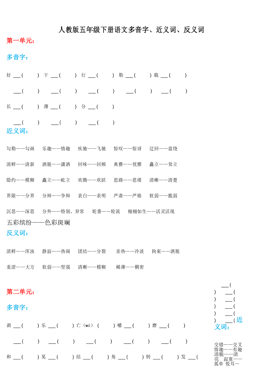 人教版五年级下册语文多音字、近义词、反义词复习_第1页