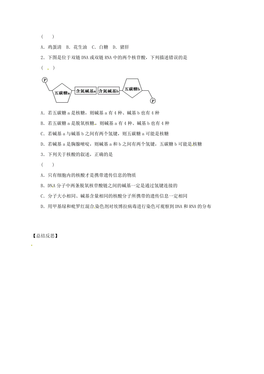 山东省济宁市微山县第二中学高中生物第二章组成细胞的分子23遗传信息的携带者核酸学案无答案新人教版必修1_第3页