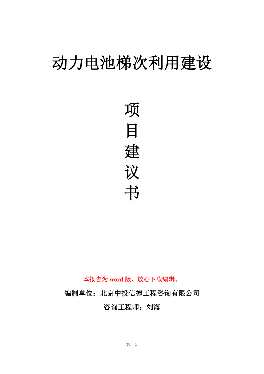 动力电池梯次利用建设项目建议书写作模板_第1页