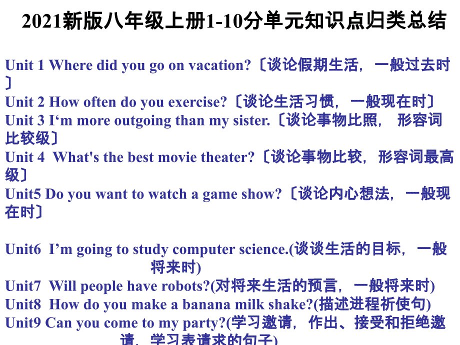 2015年八年级英语上册期末总复习单元知识点归类总结课件_第1页