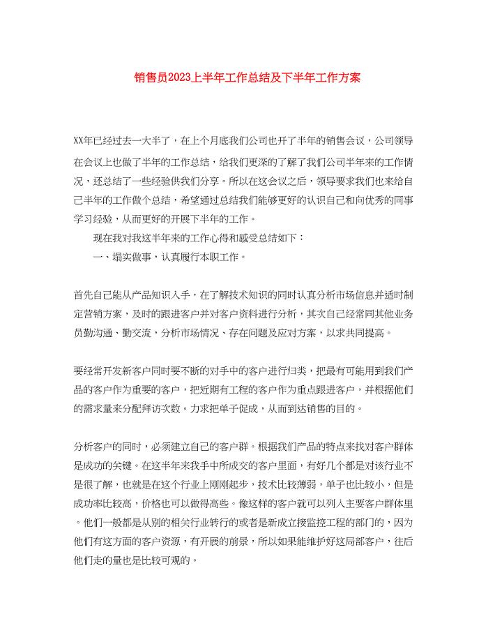 2023年销售员上半工作总结及下半工作计划2范文.docx