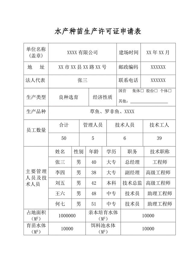 水产种苗生产许可证申请表