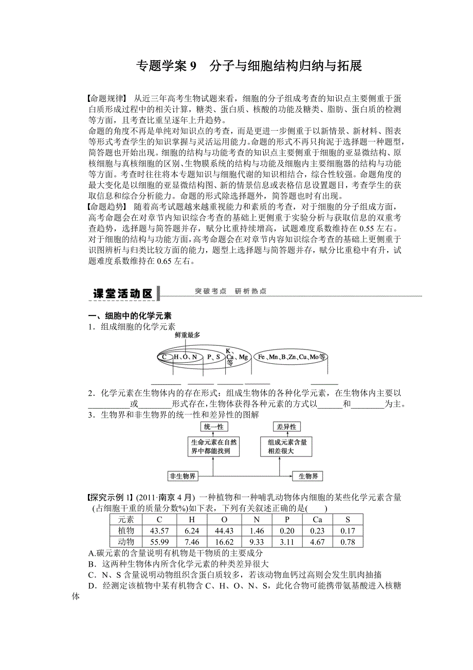 第二单元专题学案9　分子与细胞结构归纳与拓展_第1页