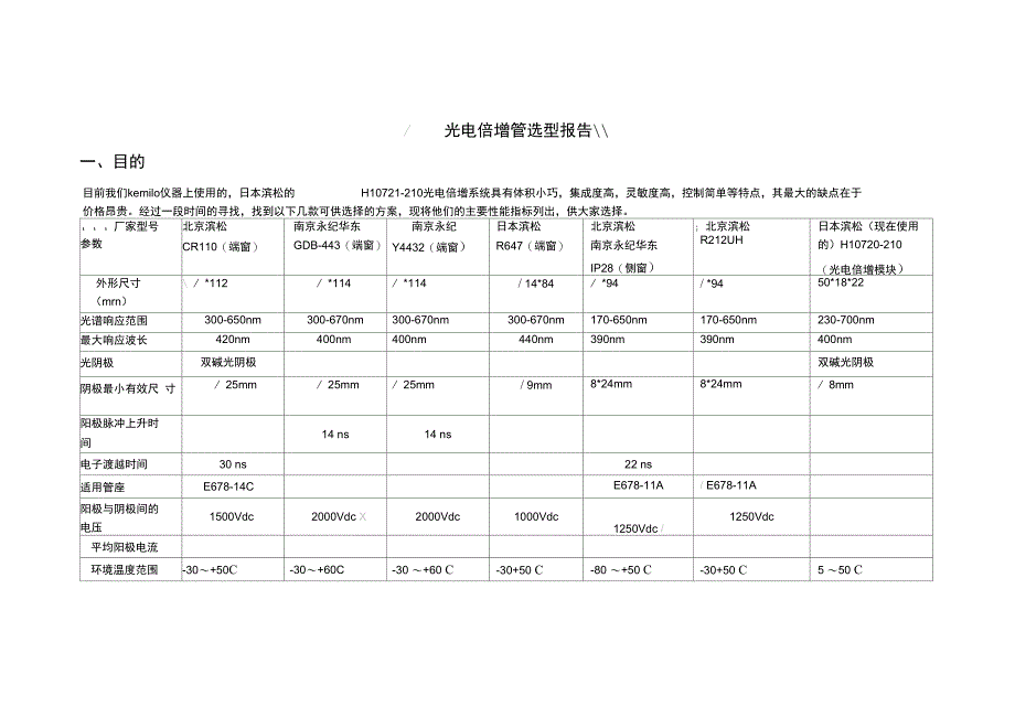 光电倍增管选型报告_第1页