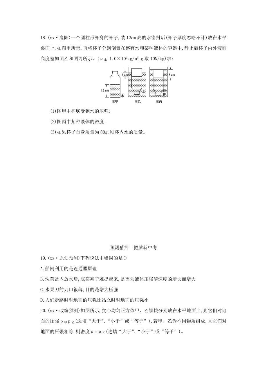 （云南专用）2022中考物理一轮复习 第四单元 力学 第10讲 压强习题_第5页