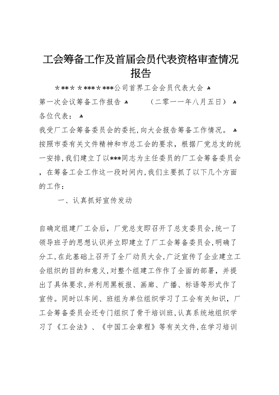 工会筹备工作及首届会员代表资格审查情况报告_第1页