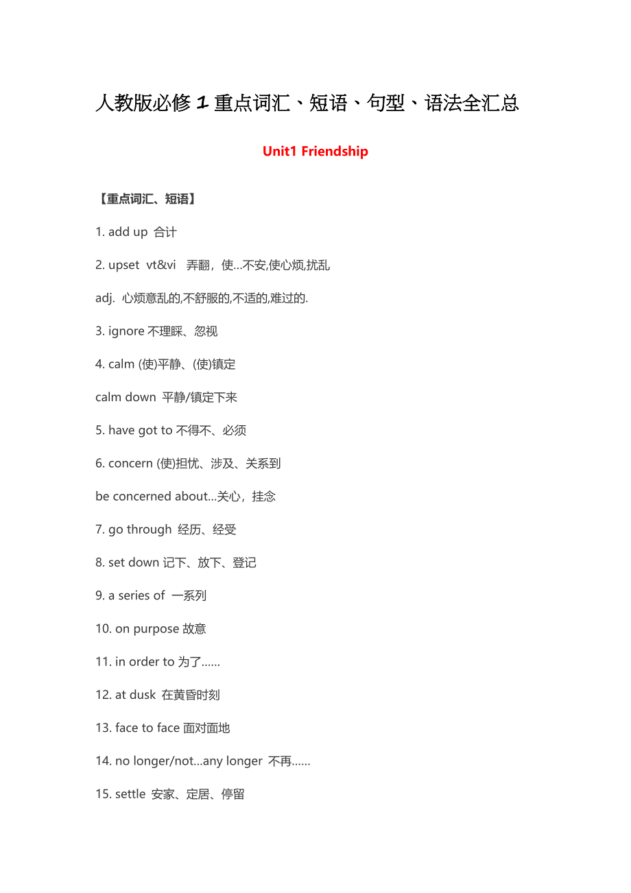 (完整版)高中英语人教版必修1重点词汇、短语、句型、语法全汇总.doc_第1页