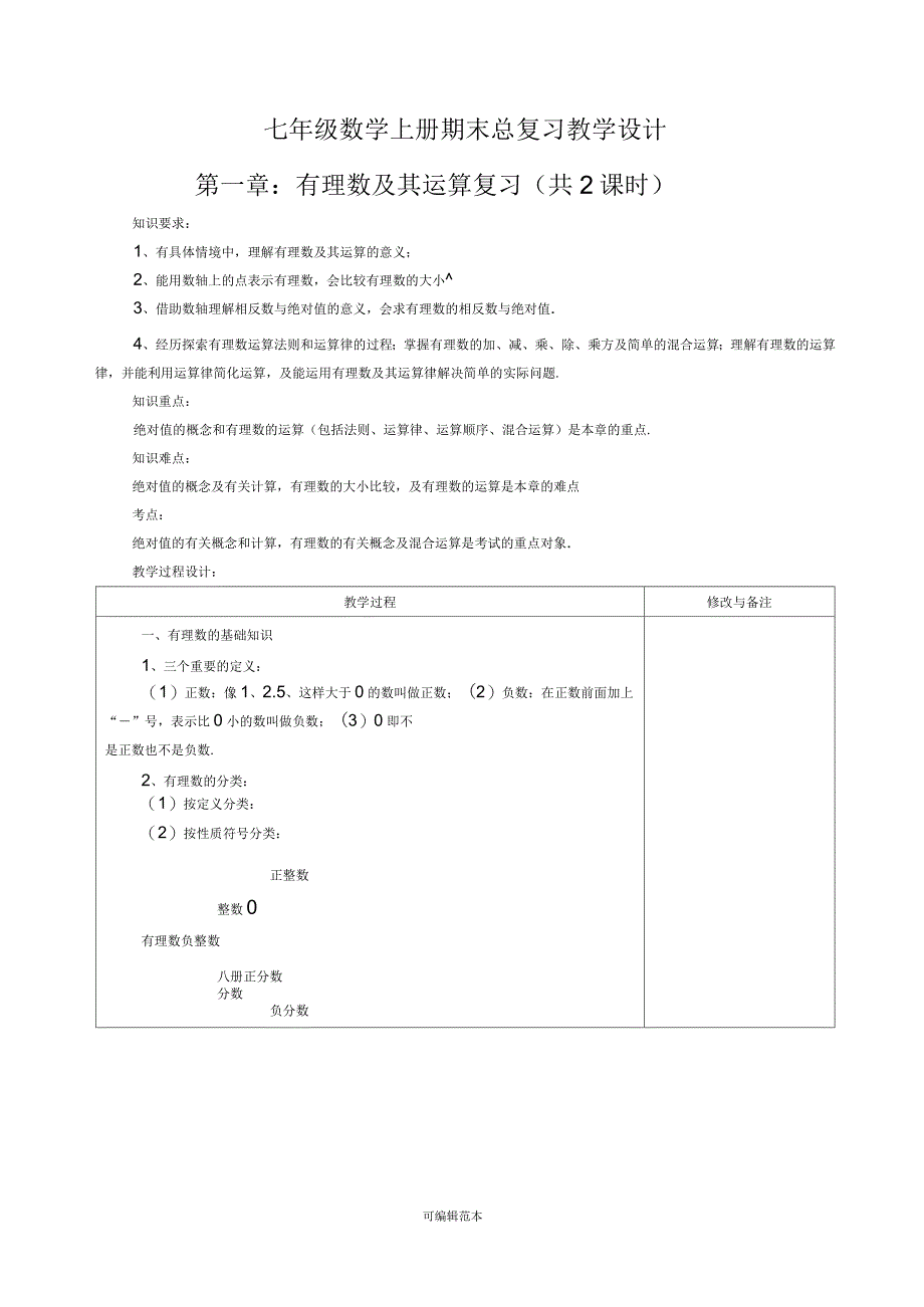 七年级数学上册期末总复习教学设计_第1页