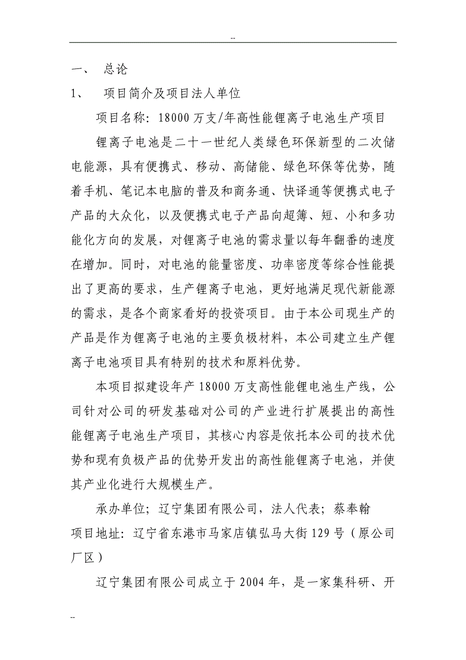 某公司18000万支年高性能锂离子电池生产项目可行性研究报告_第1页