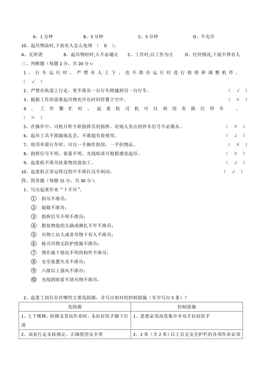 特种设备作业人员考核试卷起重机械答案_第2页