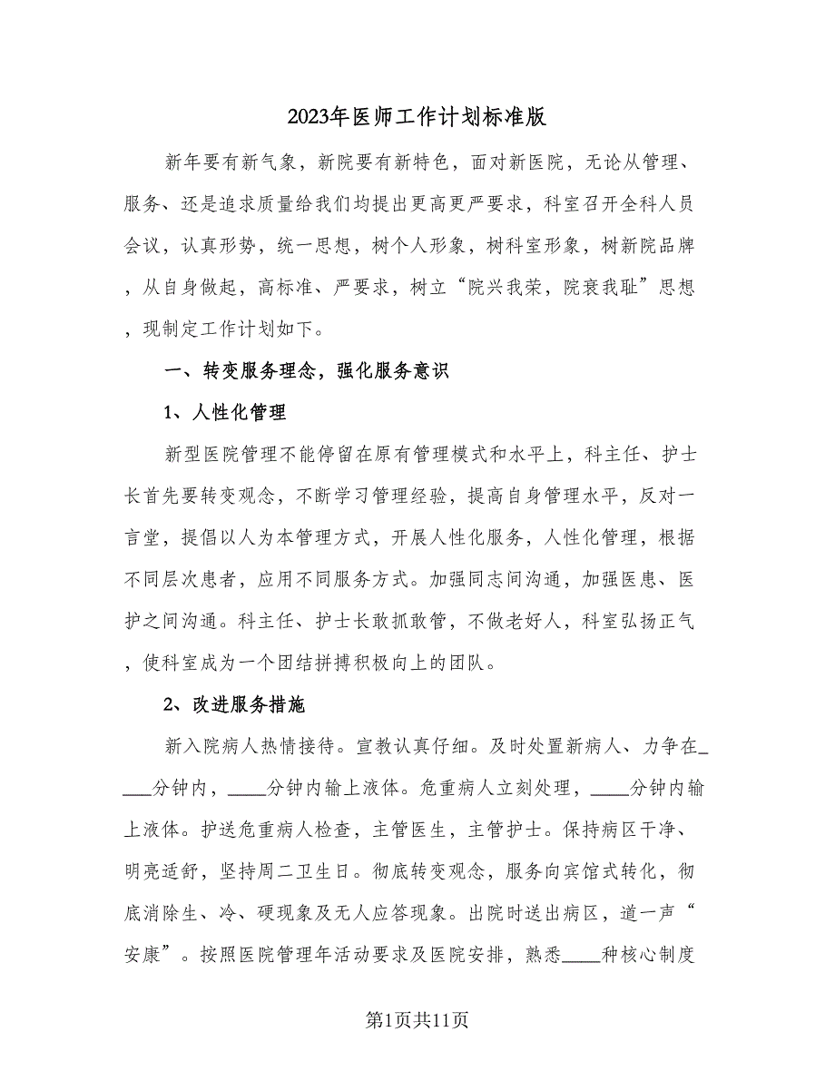 2023年医师工作计划标准版（4篇）_第1页