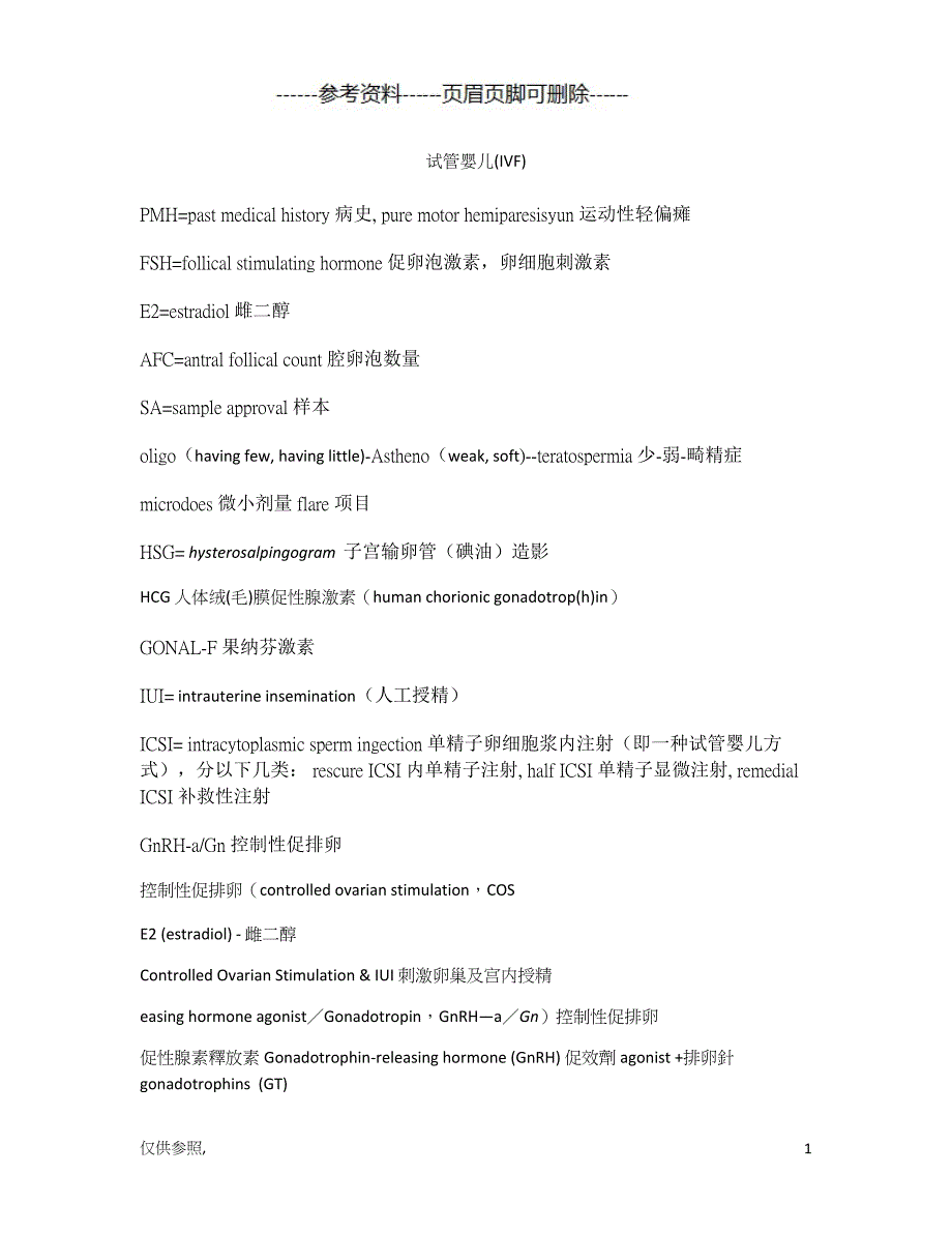 试管婴儿(IVF)和人工授精(IUI)英文报告的专用词汇和缩写[参照材料]_第1页